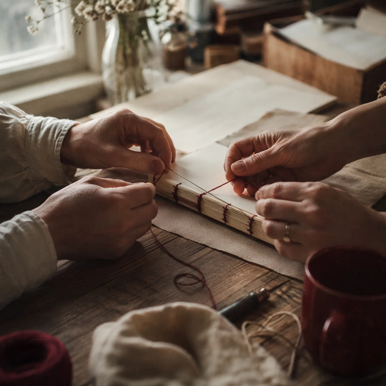 Two pairs of hands hand-stitching a book binding together with burgundy thread — handmade partnership.
